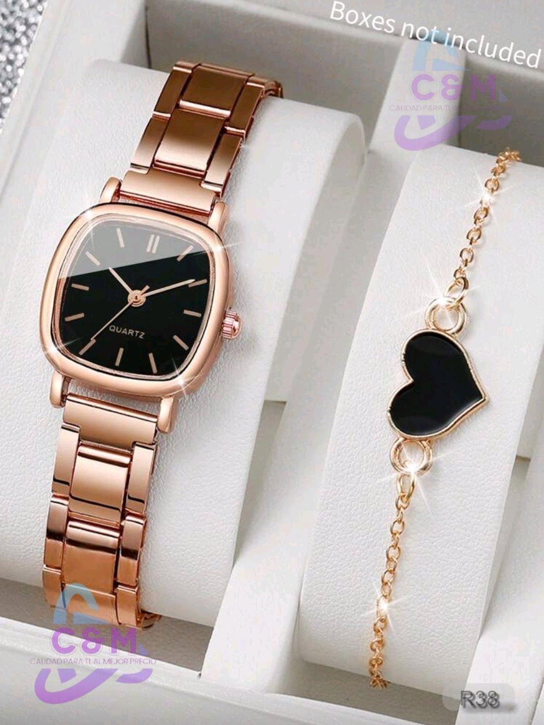 RELOJ PARA MUJER CON PULSERA DE CORAZON NEGRO AMARILLO  R38